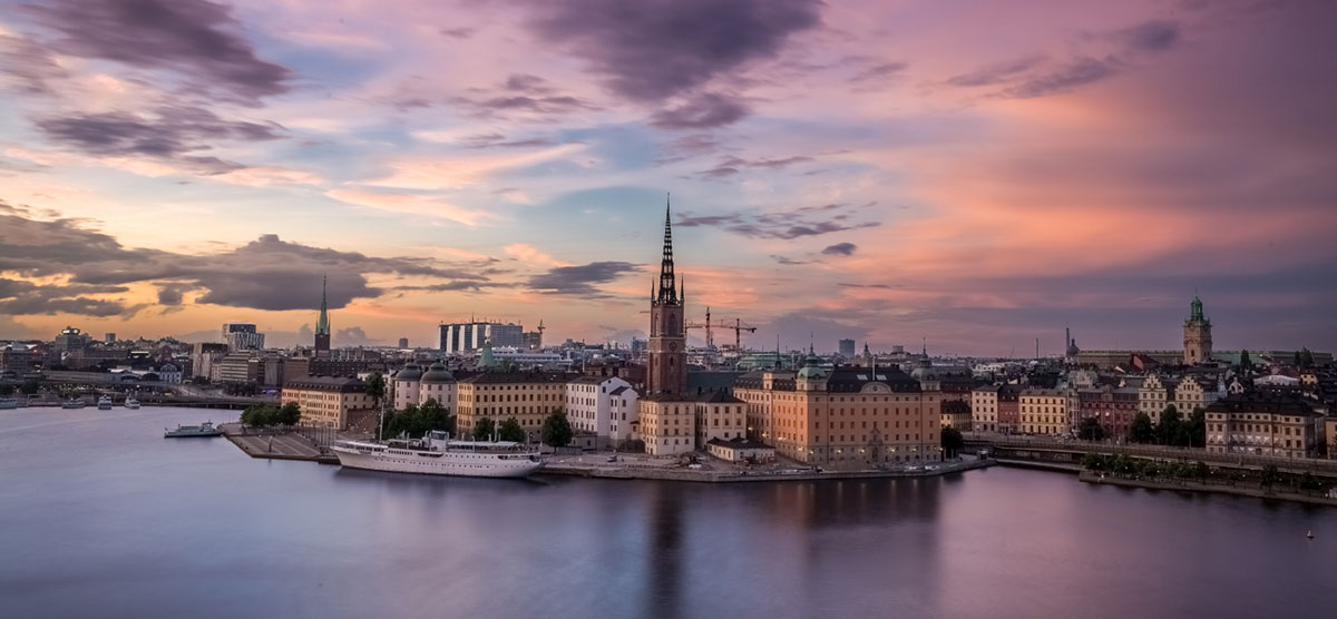 Stockholm's old town photographed from above. The picture shows e.g. sea, old ship and tall buildings.